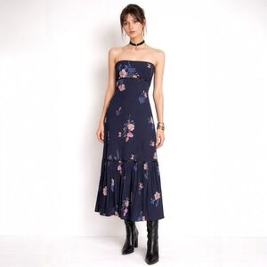 Free People Rosie Posie Midi Dress Navy Floral Strapless Romantic Resort L